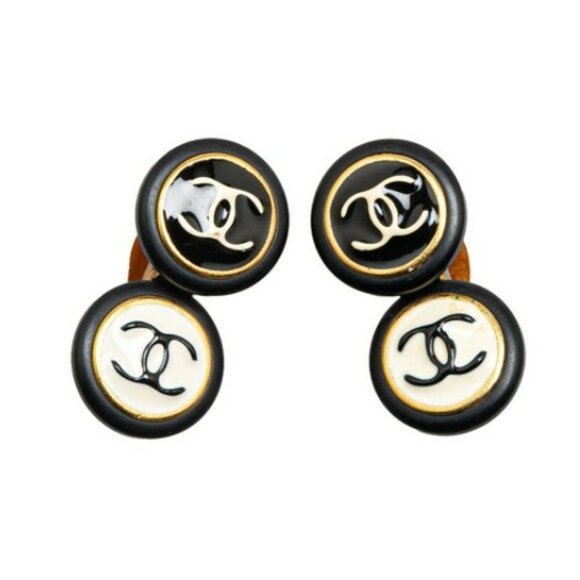 CHANEL CC Logos White & Black Round Clip-On Earrings Gold Tone 95A Auth #2567 - Picture 2 of 4